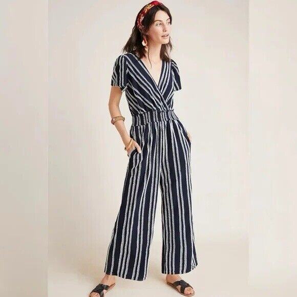 Anthropologie Dolan Canovas‎ Striped Cap Sleeve V Neck Jumpsuit Navy Size Large - Picture 1 of 5